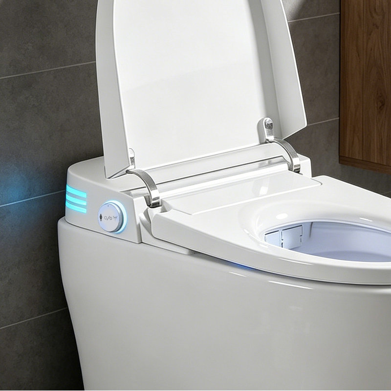 Toilette intelligente une pièce avec bidet intégré et réservoir caché, chasse d'eau automatique, siège chauffant, lavage à l'eau chaude, sécheuse, veilleuse et télécommande