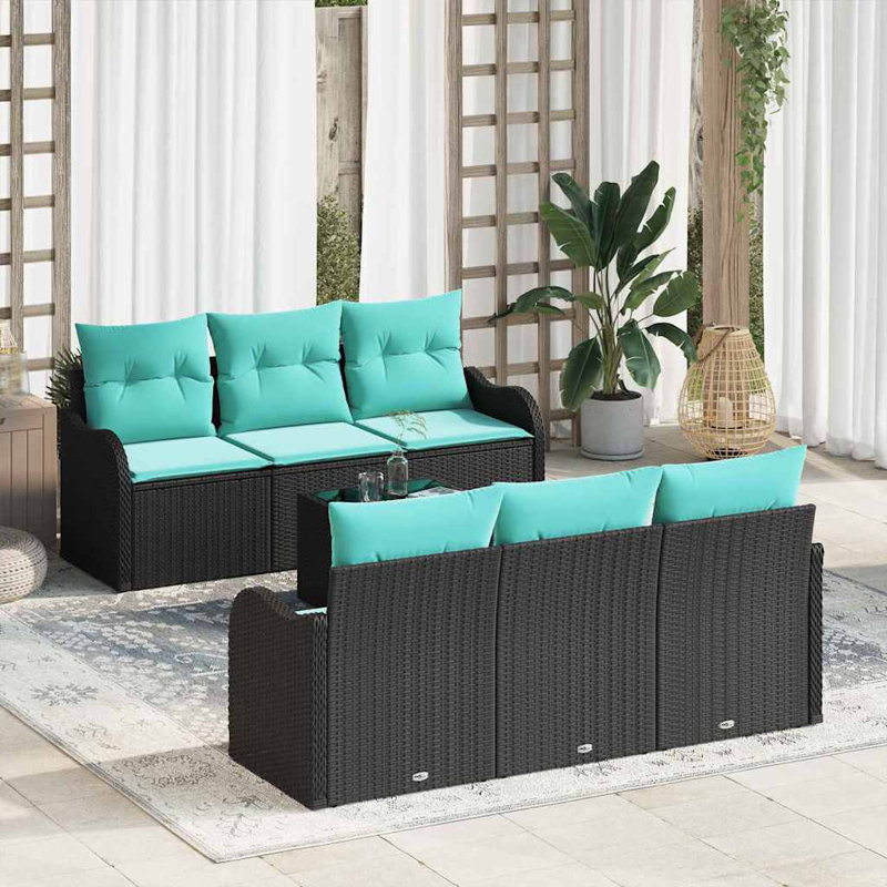 Ensemble de canapé de jardin Vidaxl 7 pièces 55 x 55 x 37 cm en poly rotin noir, Coussin bleu / cadre noir