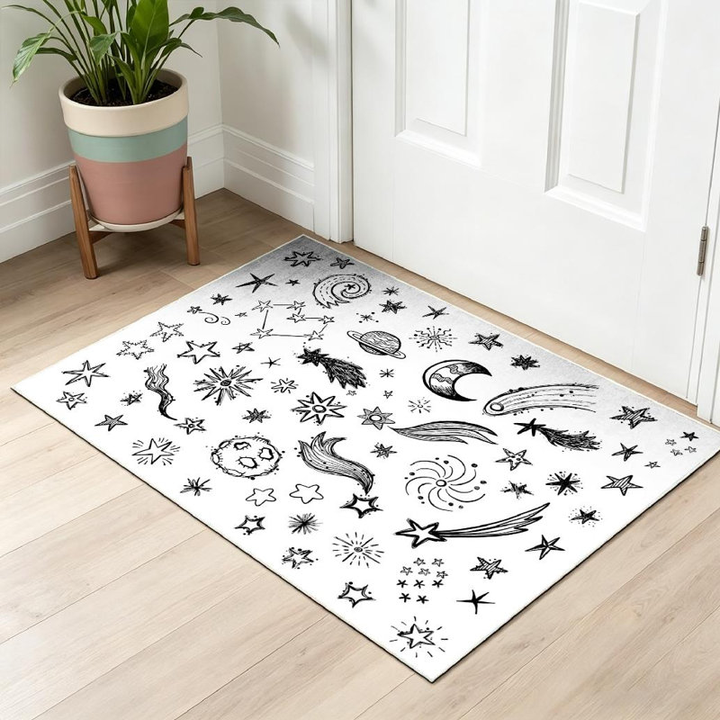 Tapis intérieur noir lavable à la machine, motif étoiles et espace amusants., Rectangle 32" x 47"
