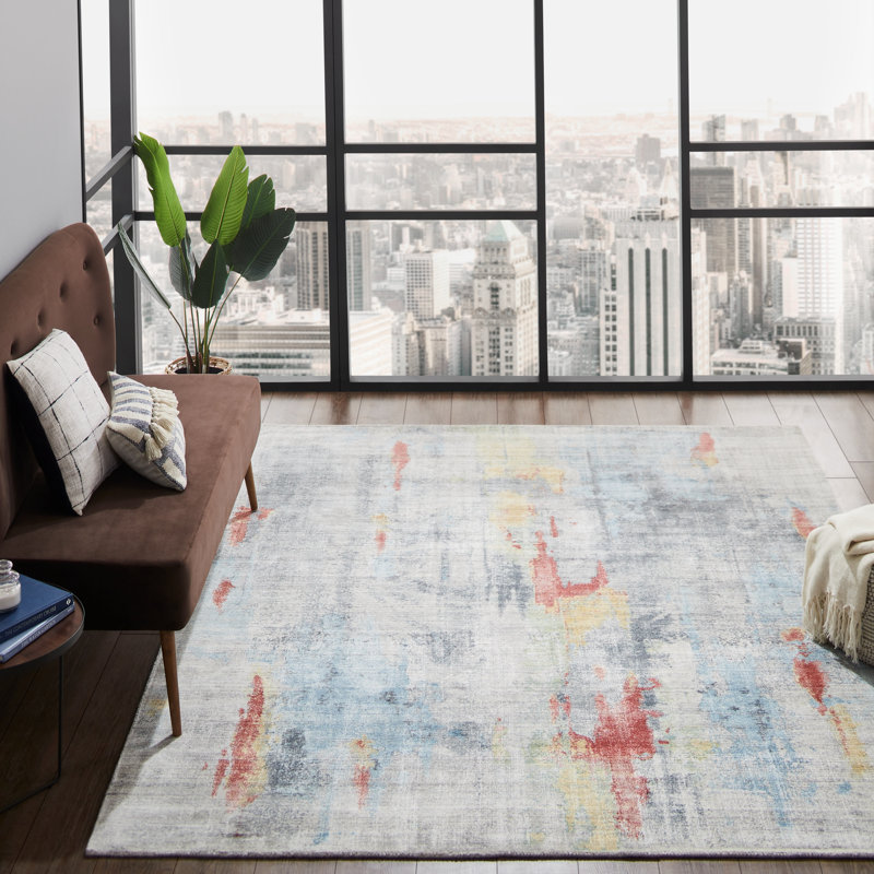 Abstract Area Rug in Gold, Rectangle  7'6" x 9'6", Orange/Yellow/White