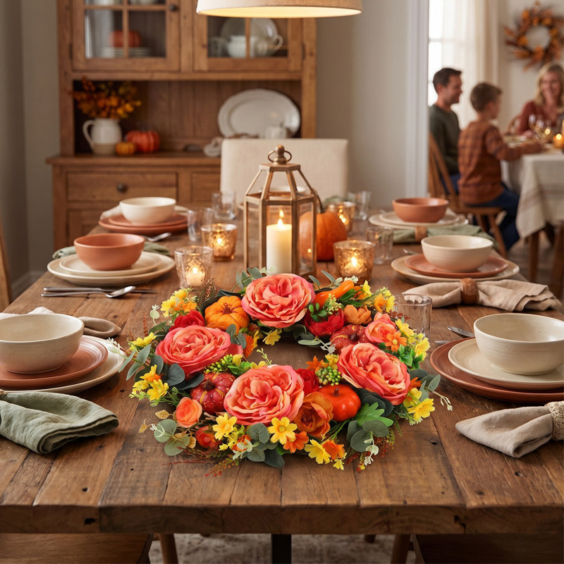 Couronne de pivoine et de citrouille d'automne 17,7 po - Couronne de l'Action de grâce artificielle avec eucalyptus