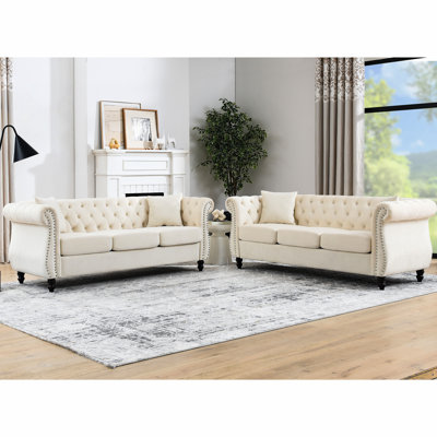 Canapé en velours beige 3 + - Base et coussins amovibles classiques