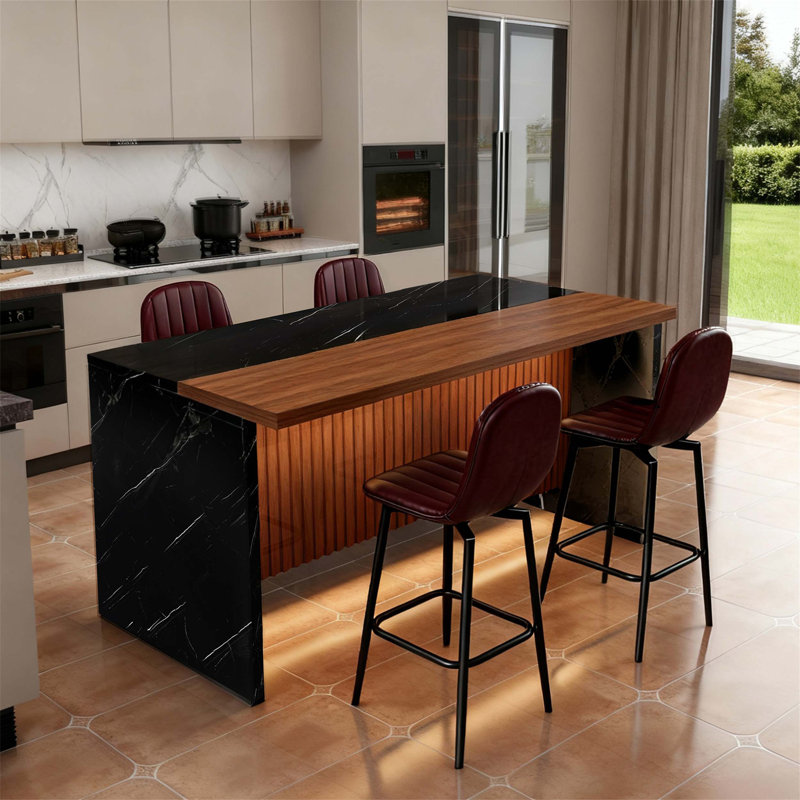 Ensemble de table de salle à manger moderne à éclairage DEL avec 4 tabourets de bar, finition en marbre noir et conception à hauteur de comptoir pour une utilisation polyvalente