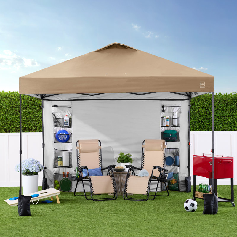 10X10ft Easy Setup Pop Up Canopy, Portable Tent W/ Side Wall, 1-Button Push, Case, Tan