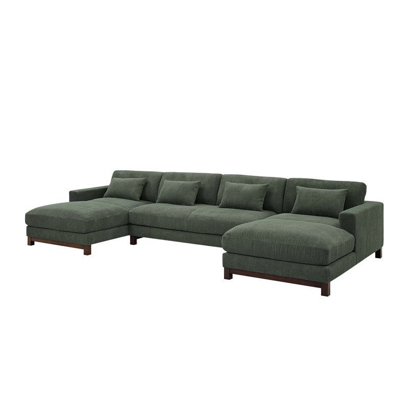 Stever Corduroy U-Shaped Sectional Symmetrical, Dark Green Corduroy