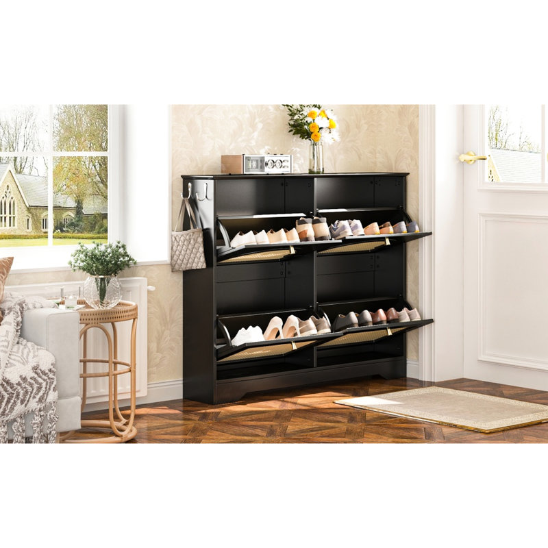 Practical Flip Drawer Shoe Organizer, Mid - Century Design, Black Color, 2 Hooks, Tip, Floor Protecting Design Cabinet, Protection
