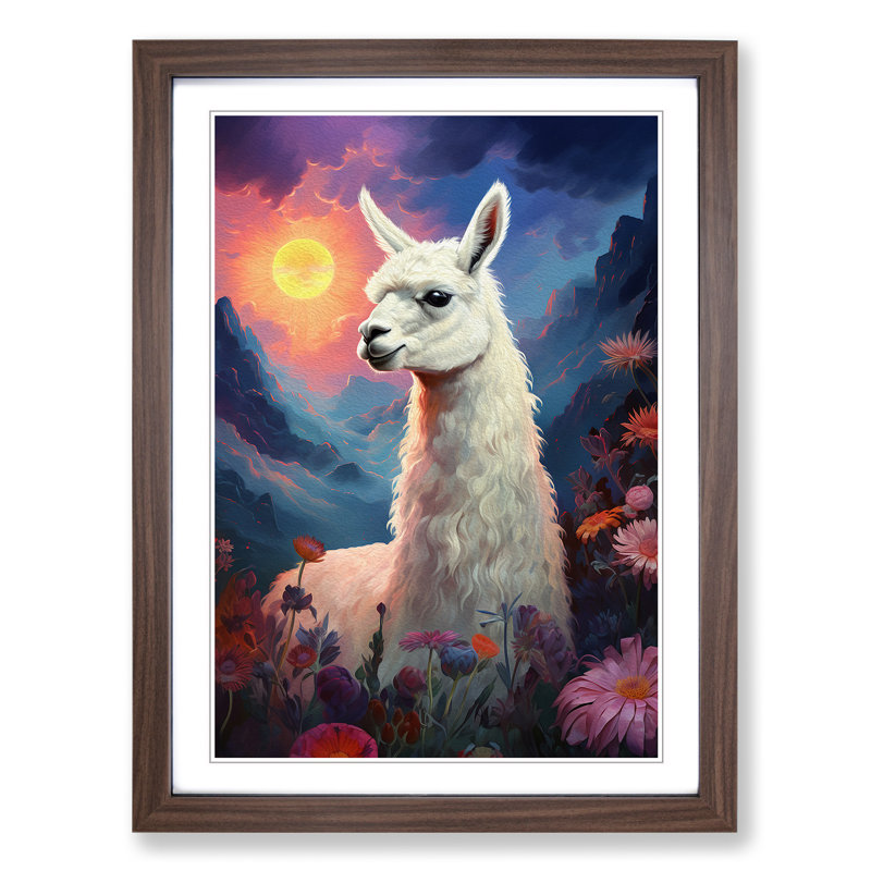 Llama Romanticism No.2 - Single Picture Frame Print on Wood, Walnut Framed, 64cm H x 46cm W x 2cm D
