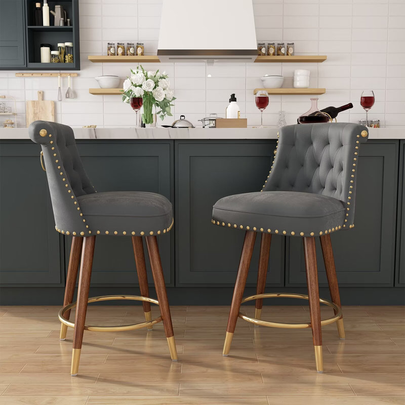 Gray Velvet Upholstered Swivel Counter Stools with Wood Legs, Set of 2