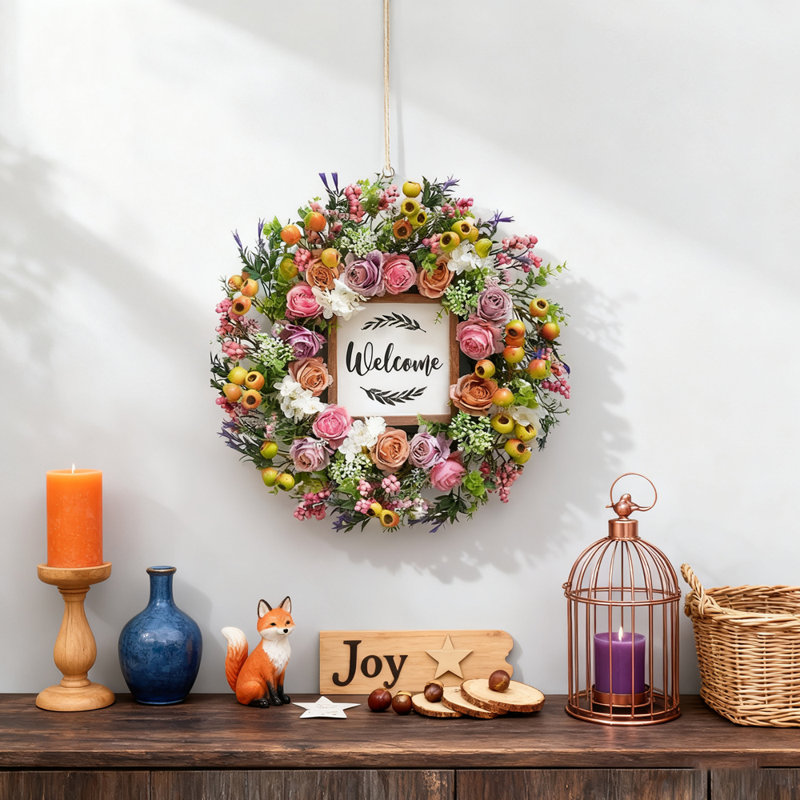 15.75-Inch Artificial Wreath With Berries And Welcome Sign For Porch Decoration, Indoor And Outdoor Home Decoration for All Seasons
