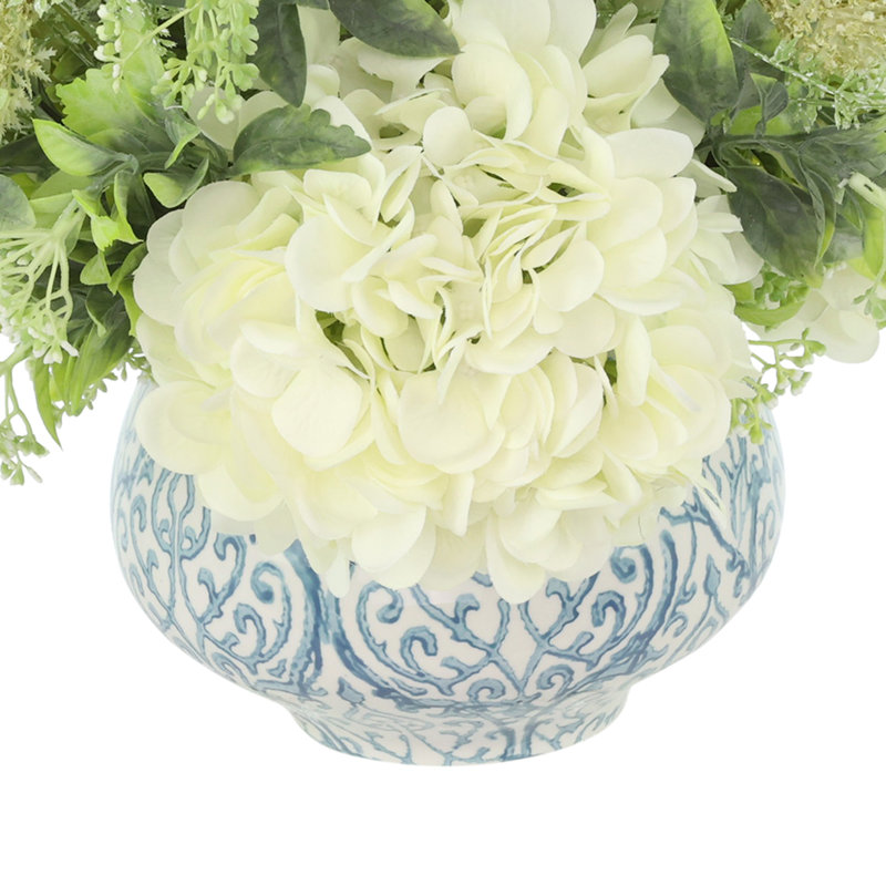 Messerly Hydrangea and Eucalyptus Faux Floral Arrangement, 16"H x 19"H x 19"D