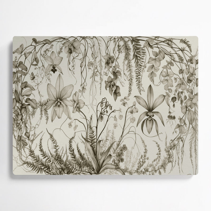 Dessin au trait botanique, art mural beige en métal, H 16 po x l 20 po