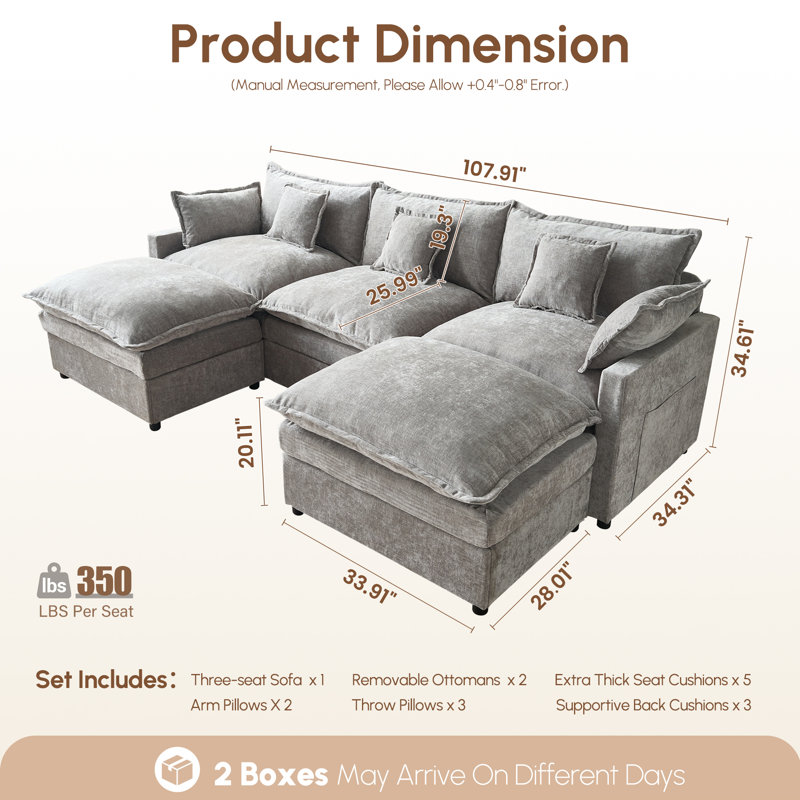 Canapé modulaire en forme de L avec 2 repose-pieds Luxury, Gris