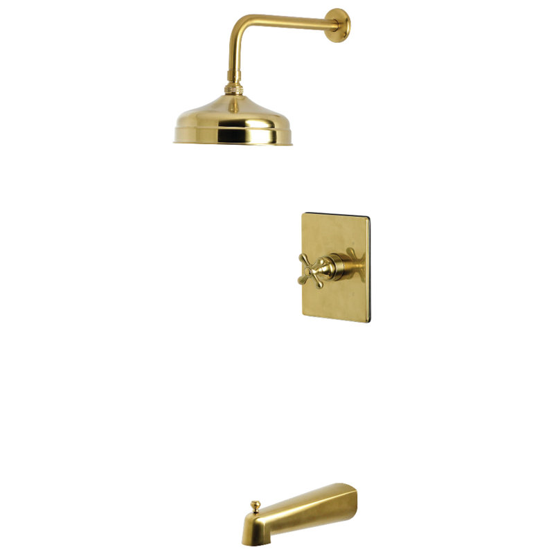 Kingston Brass Single-Handle Pressure Balanced Tub And Shower Faucet, Brushed Brass, Cross Handle
