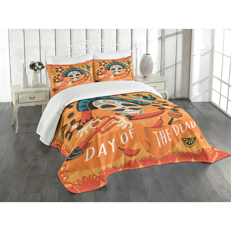 Ambesonne Sugar Skull Bedspread Set Trumpet Player Multicolor, King Bedspread + 2 Standard Shams