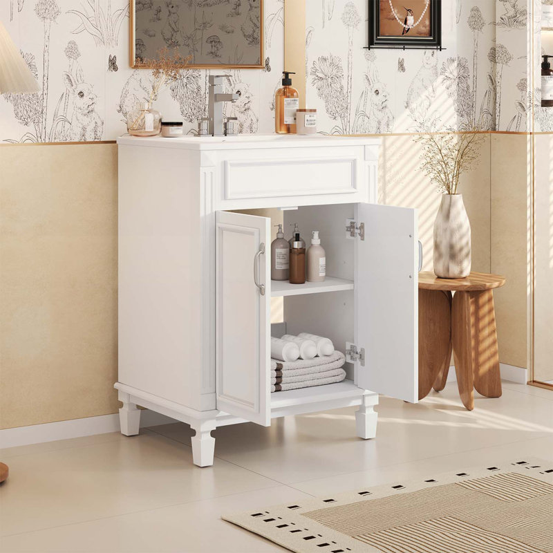 Meuble-lavabo de salle de bain avec lavabo supérieur, portes à fermeture douce, tablette réglable et cadre en bois pour un rangement élégant