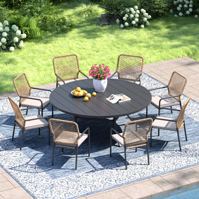 8-Person Round Patio Dining Set with 60" Dining Table and Cushioned Stackable Rattan Chairs