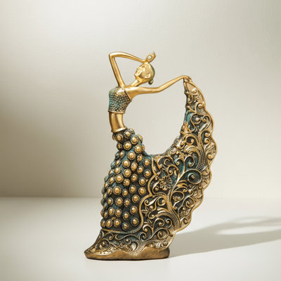 Peacock Dancing Woman Resin Statue, Vintage Gold Home Decor Accent