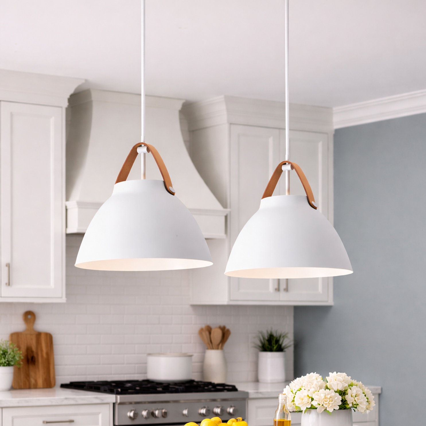 Gianni Dimmable Dome Single Light Pendant, 14.5" H x 14.25" W x 14.25" D, Tan Leather/White