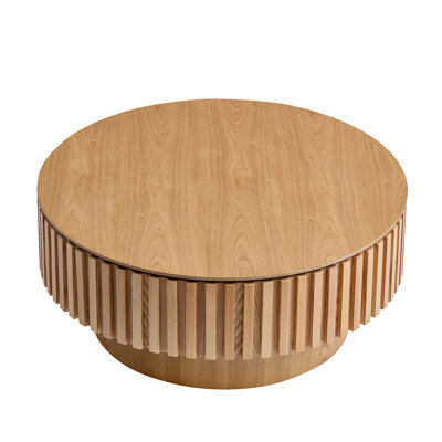 31.49" ASH Round Wood Coffee Table with Storage, Modern Handcraft Drum Table for Small Space Apartment & Living Room