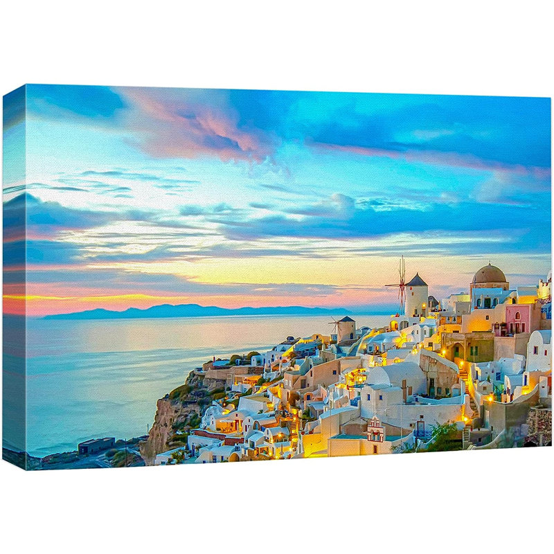 «Coastal Beach Vibrant Pastel Sunset» Santorini, Grèce, H 32 po x l 48 po x P 1,5 po