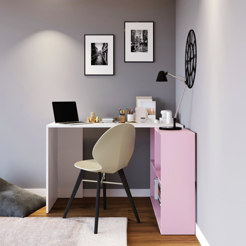 Hailley L-Shaped Writing Desk, White/Pink