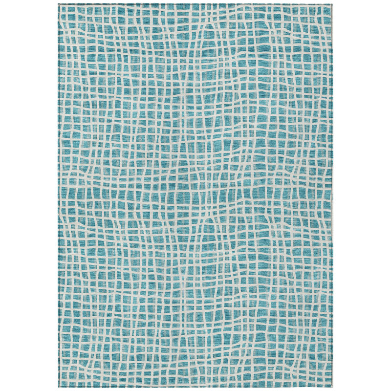 Tapis extérieur lavable rayé bleu sarcelle et ivoire 10 pi x 14 pi