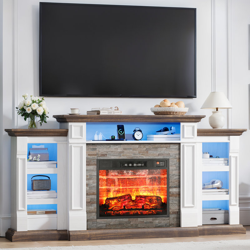 Alondra 72" Fireplace TV Stand for TVs up to 80" with Fireplace Included, Entertainment Center with Charging Station & LED Light, White Brown
