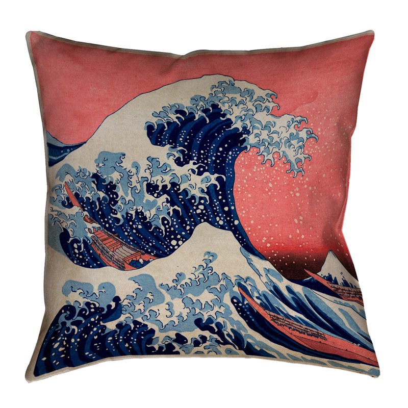 Katsushika Hokusai Leather/Suede Reversible Throw Pillow, 18" x 18", Blue/Black, Polyester/Polyfill