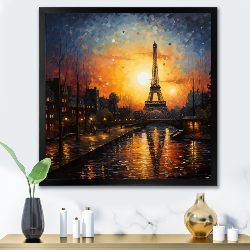 Coucher de soleil français à Paris - reproduction, H 16 po x l 16 po x P 1 po, Cadre simple noir
