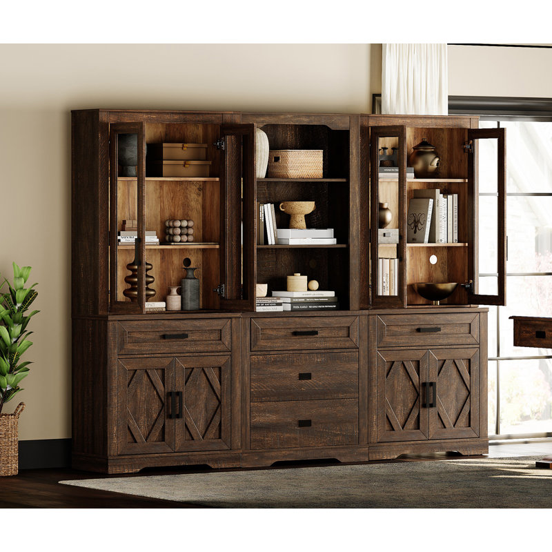 3 Column Bookshelf Set,5 Tier Book Shelf With Open Storage And Glass Doors,73"H Tall Wood Bookcase With Storage Cabinet And Drawers For Study,Bedroom,Living Room,Espresso