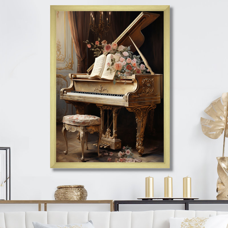 «French Baroque Piano Brilliance I - Décoration murale encadrée musique, Cadre doré simple, H 32 po x l 24 po x P 1 po