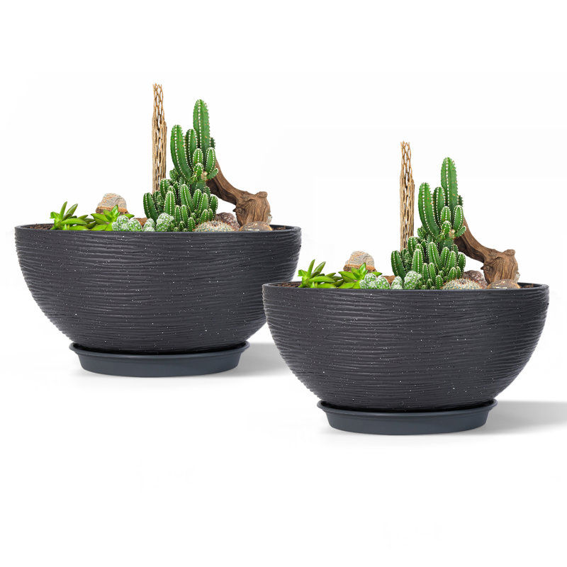 Ensemble de 2 pots à fleurs d'extérieur modernes en plastique avec fonction de drainage, Noir