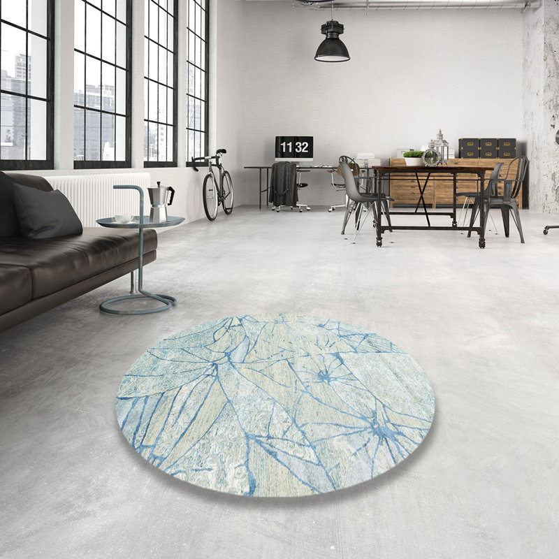 Tapis contemporain gris / bleu, Rond 6 pi x 6 pi