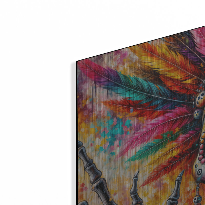 «Colorful Skull With Feathers» par Rey Klimt, art mural en métal, H 24 po x l 24 po