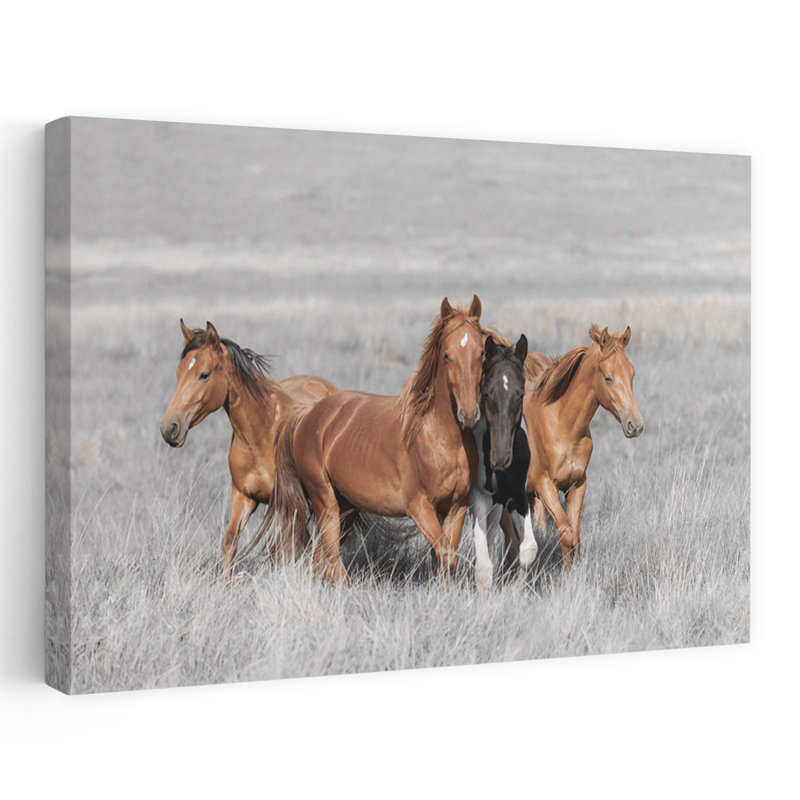 Wild Horse Family Serene Abstract Contemporary Horse Landscape Nature Wall Art Print 1 Piece Wrapped Canvas Wall Art