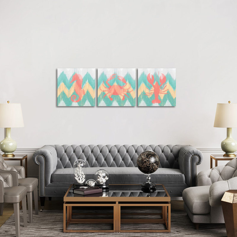 Créature marine sur chevron triptyque - ensemble d'art mural sur toile - toile tendue (ensemble de 3)