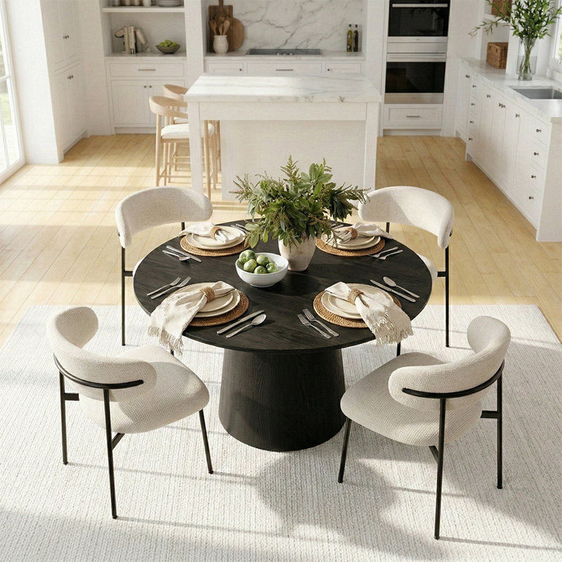 5-Piece Round White Oak Dining Table Set For 4, Santi Beige