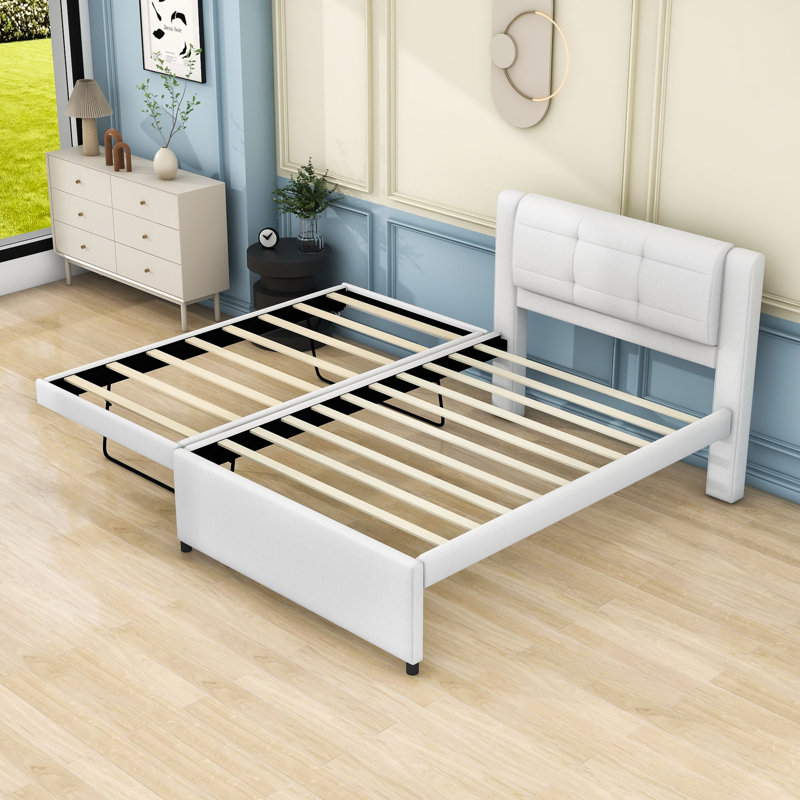 Lit plateforme double en bois avec lit gigogne, Beige