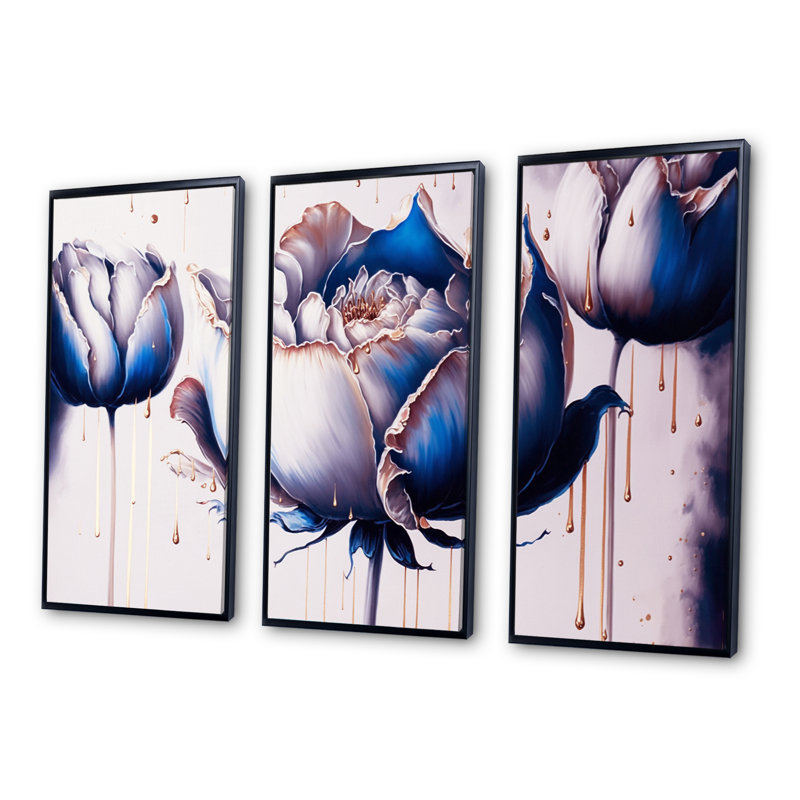 «Ice Blue and Gold Paint Drip Tulip II», reproduction de 3 pièces, H 28 po x l 36 po x P 1 po, Cadre noir