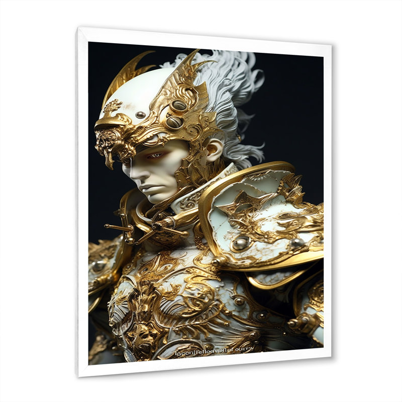 «Sci-Fi Portrait Cyborg Solder» en blanc et or, reproduction sur toile, H 44 po x l 34 po x P 1,5 po, Cadre simple blanc