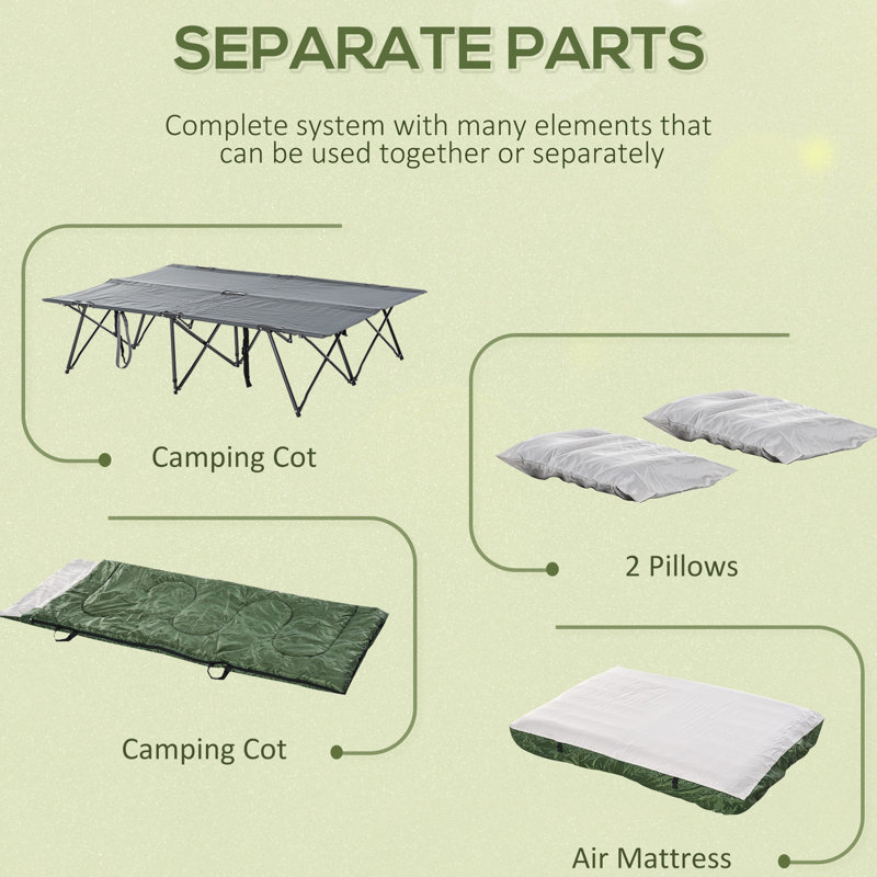 Lit de camp portatif extérieur pour camping avec sac de couchage, matelas gonflable, oreillers et sac de transport pour matelas et oreillers moelleux, vacances