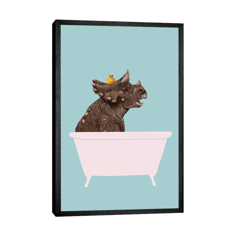 Triceratop In Bathtub by Big Nose Work - Print on Canvas, 66.04 cm H x 45.72 cm W, Black Framed Canvas