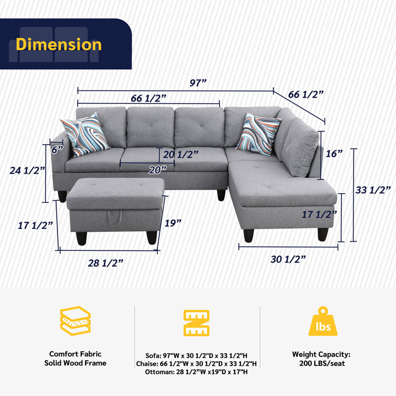 Amayrani Upholstered L-Shaped Sectional, Right Hand Facing, Gray