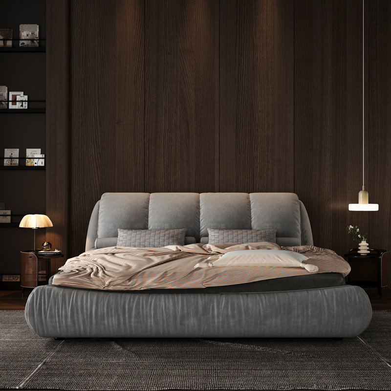 Très grand lit confortable avec revêtement en tissu massif et structure en bois massif, support de housse gris,, Gris