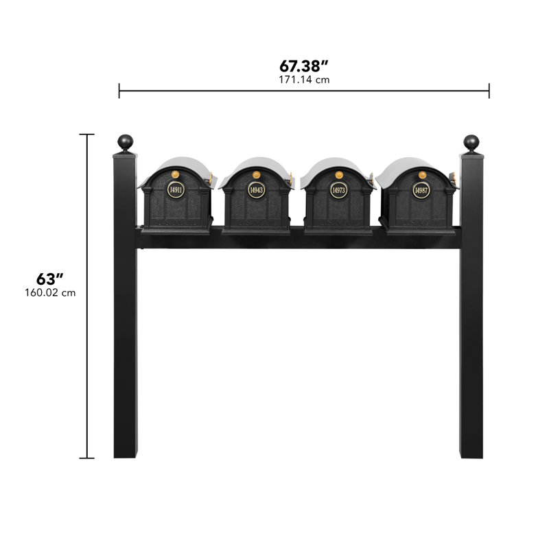 Boîte aux lettres Balmoral à fixation quadruple / avec embouts sphériques et médaillon de porte personnalisé (4 boîtes aux lettres, support à fixation quadruple, 4 médaillons)