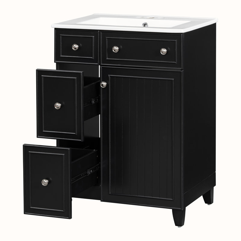 Meuble-lavabo de salle de bain avec lavabo en céramique, Noir, Argent
