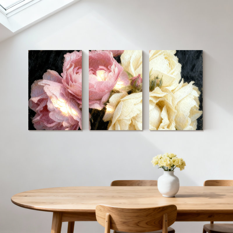 Pivoine roses et blanches sur fond noir, ensemble de 3 impressions sur toile, H 18 po x l 36 po