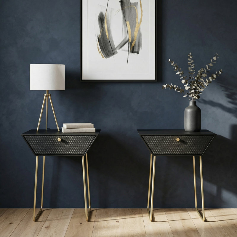 Set of 2 Apollo 1-Drawer Bedside Cabinets, Black & Gold
