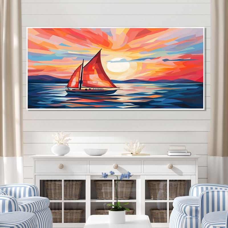 Coucher de soleil sur un bateau à voile II - bateau à voile, art mural, Cadre flottant blanc, H 28 po x l 60 po x P 1,5 po