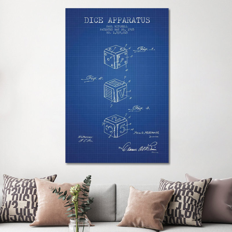 Paul Mitchell Dice Apparatus Patent Sketch (Blue Grid) by Aged Pixel - Wrapped Canvas Print